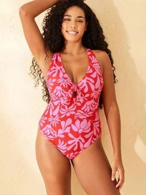 NWT Shade & Shore Tie-Front Keyhole High Leg Cheeky Swimsuit Red/Pink XS(0-2)